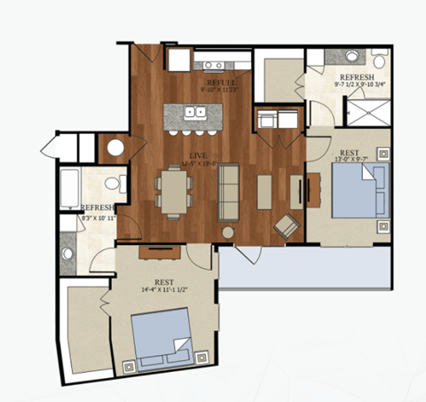 Floor plan for 2 beds, 2 baths, 1077 sqft